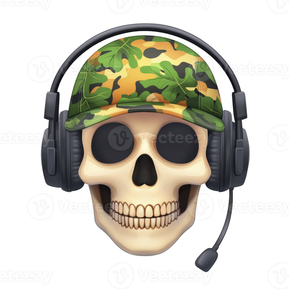 A skull wearing camouflage cap and headphones exudes playful yet edgy vibe, perfect for gaming or music themes. combination of elements creates unique and bold visual statement png