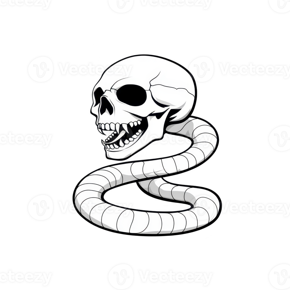 A stylized illustration of snake coiled around skull, blending elements of danger and mystery. monochrome design emphasizes eerie and dramatic nature of artwork png