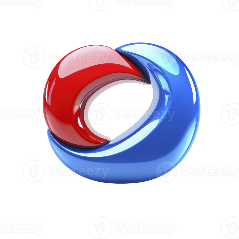 A This features glossy, abstract 3D shape with red and blue curved elements intertwined, creating dynamic and modern design. smooth, reflective surfaces add sense of depth and movement png