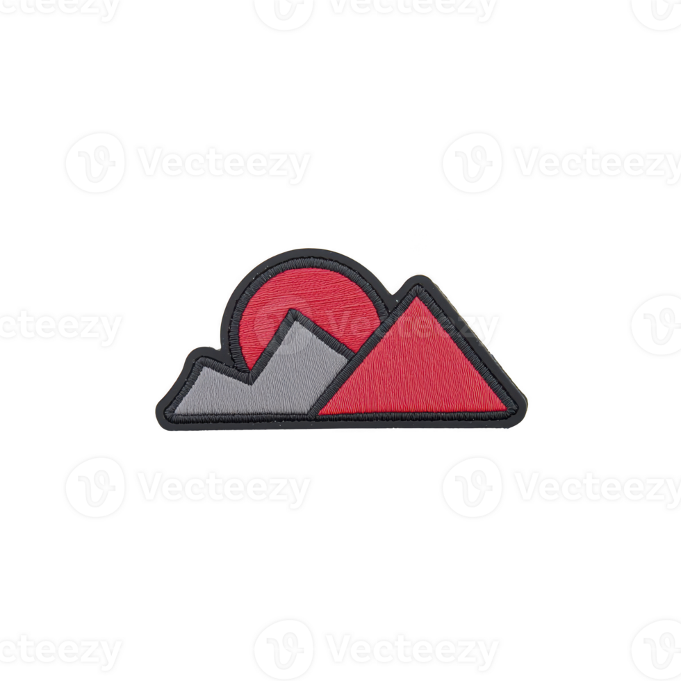 A vibrant patch design features stylized red and gray mountains with red sun, creating bold and modern outdoor theme. patch is outlined in black, adding contrast and definition png