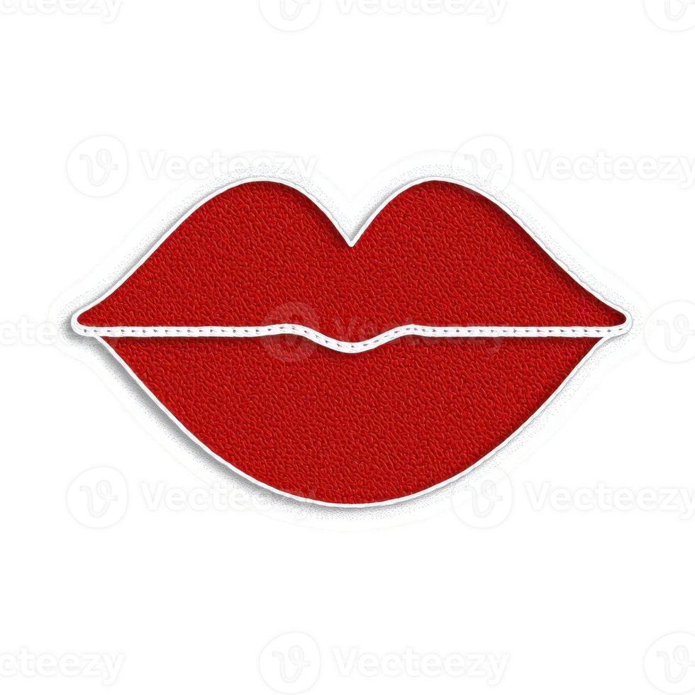 A bold red lips patch with textured surface and white outline, symbolizing style and fashion. This design is perfect for adding playful touch to clothing or accessories png