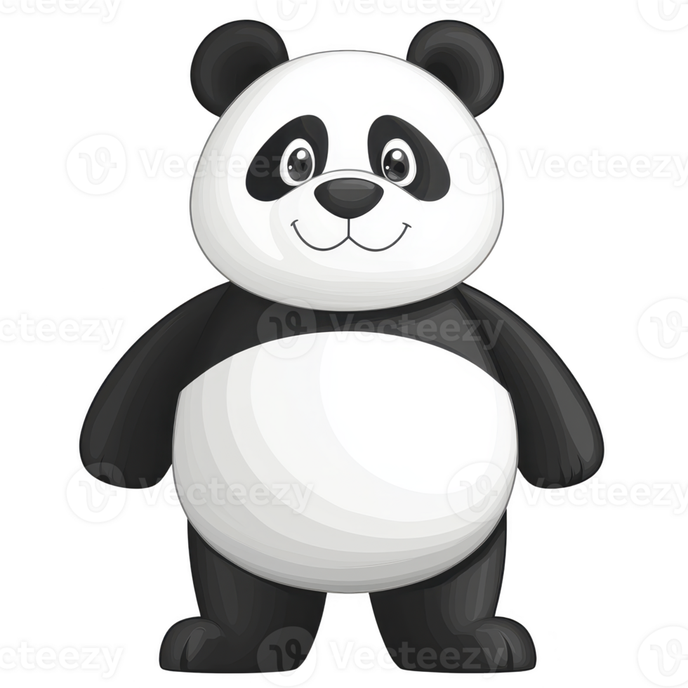 A cute cartoon panda stands with cheerful expression, featuring its classic black and white fur pattern. panda round body and large eyes add to its adorable appearance png