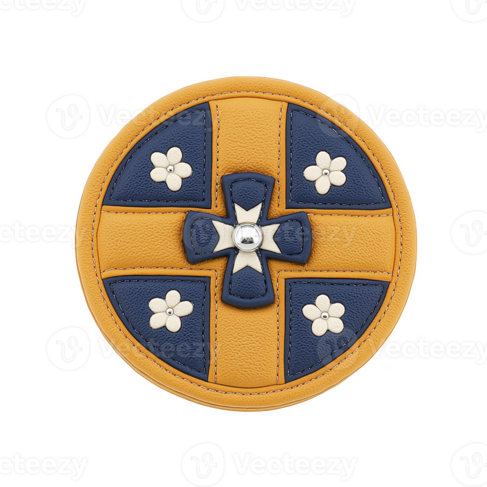 A round leather accessory with yellow and blue design features central cross and floral motifs, creating stylish and unique appearance. craftsmanship is detailed and elegant png