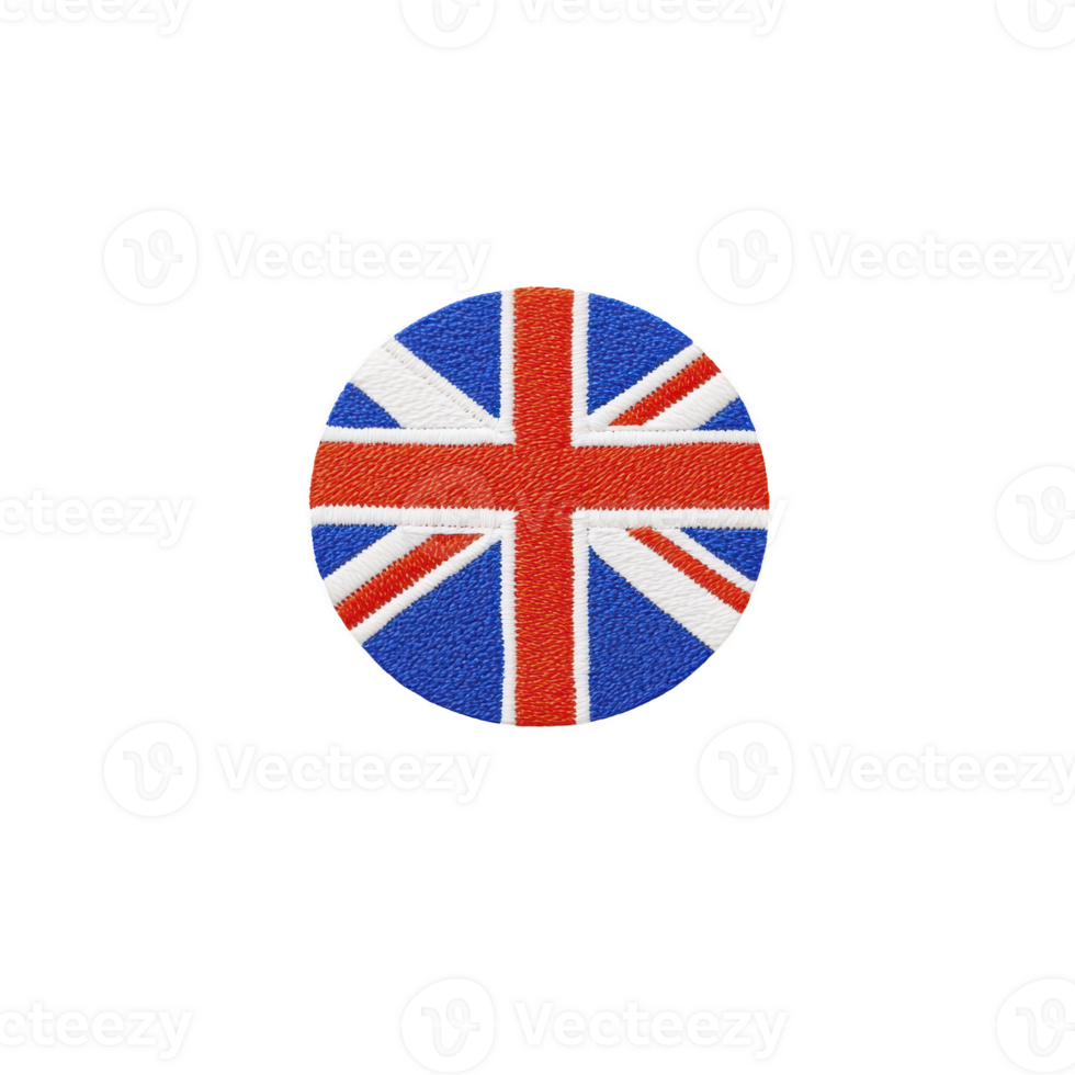 A round patch featuring Union Jack flag of United Kingdom, showcasing vibrant red, white, and blue colors. patch is embroidered, symbolizing national pride and identity png