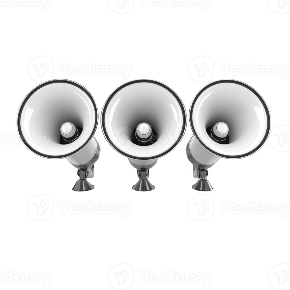 A Three white megaphones are aligned in row, facing forward, against plain background. image emphasizes communication and amplification png