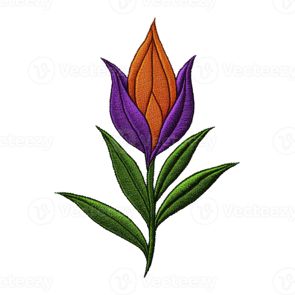 A This features vibrant embroidered flower with purple and orange petals, accompanied by green leaves, set against transparent background. intricate stitching adds textured, artistic touch png