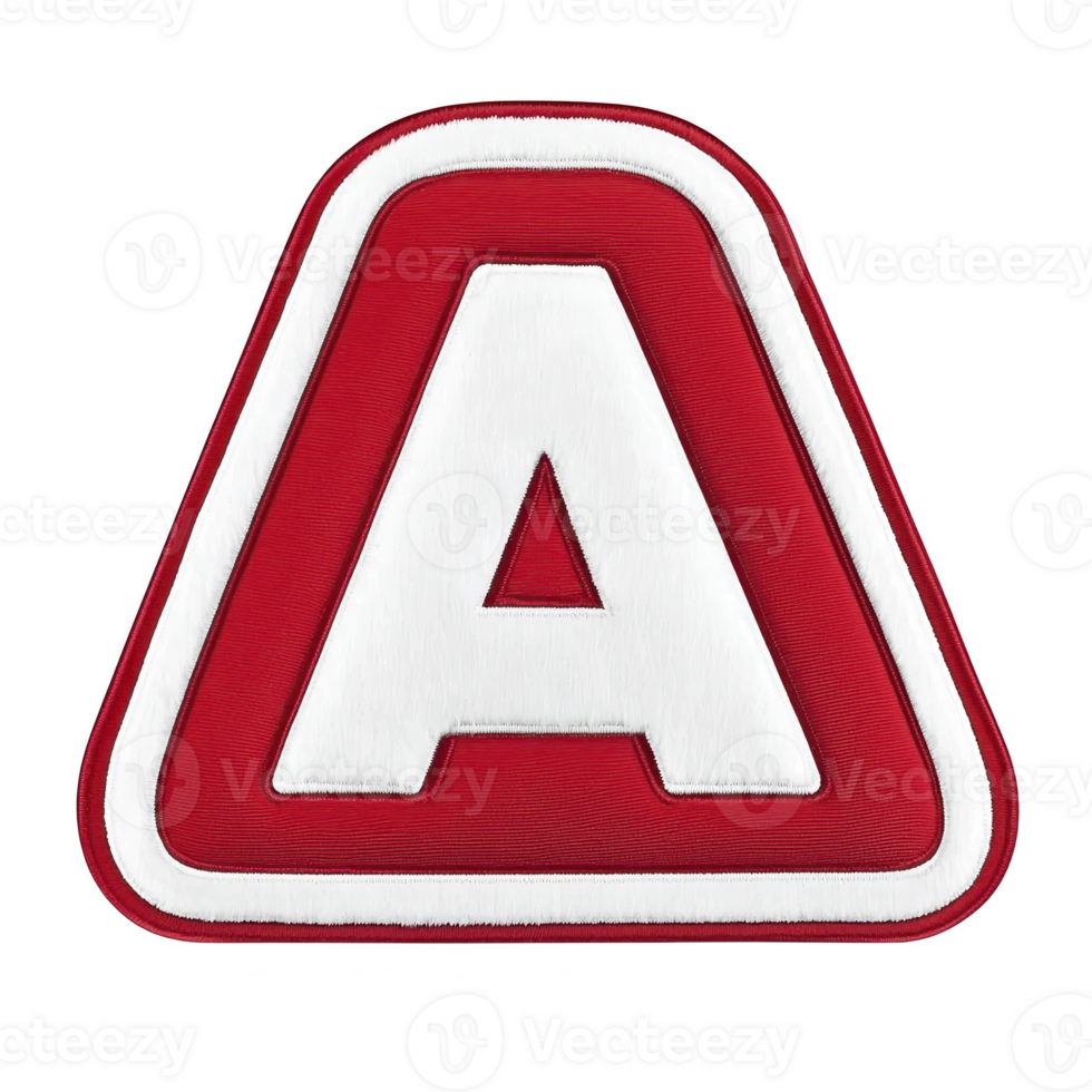 A bold red and white embroidered patch features prominent letter in center, surrounded by triangular border. design is simple yet striking, ideal for clothing or accessories png
