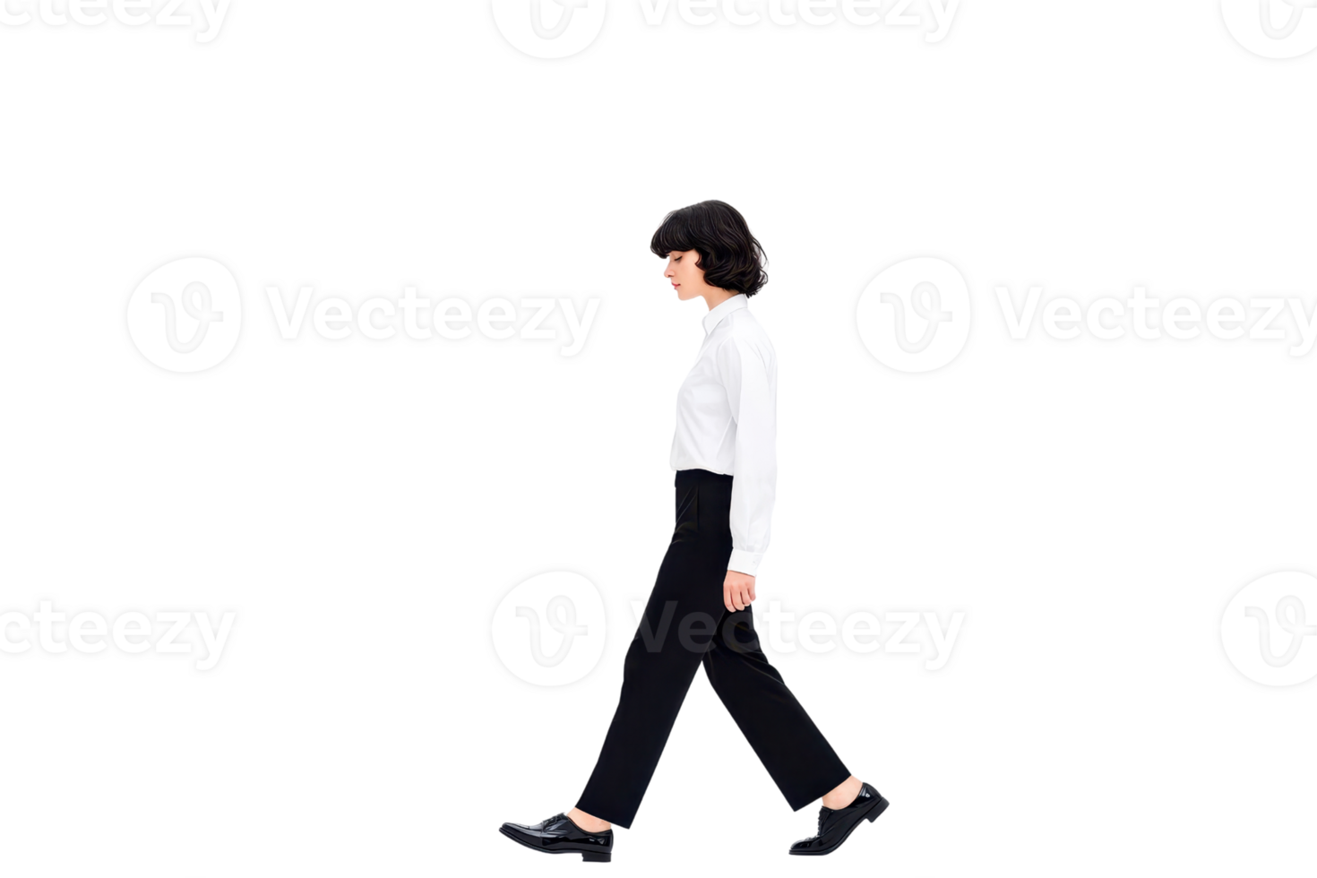 A woman in white shirt and black pants walks confidently, showcasing professional and stylish appearance. minimalist background emphasizes her poised stride png
