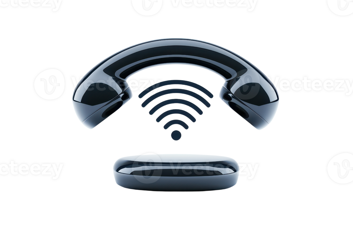 A glossy, metallic phone receiver icon with wireless signal waves, symbolizing communication and connectivity. sleek design suggests modern technology and digital interaction png