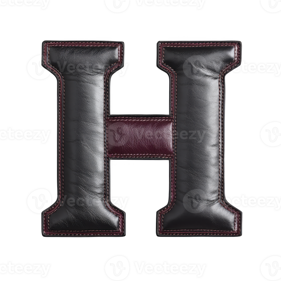 A bold, uppercase letter H crafted from black leather with red stitching, creating stylish and textured appearance. design is modern and sophisticated, ideal for fashion or design projects png