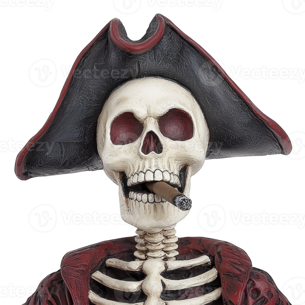 A skeleton pirate with tricorn hat and cigar exudes spooky yet whimsical vibe. detailed bones and red accents add to its eerie charm png