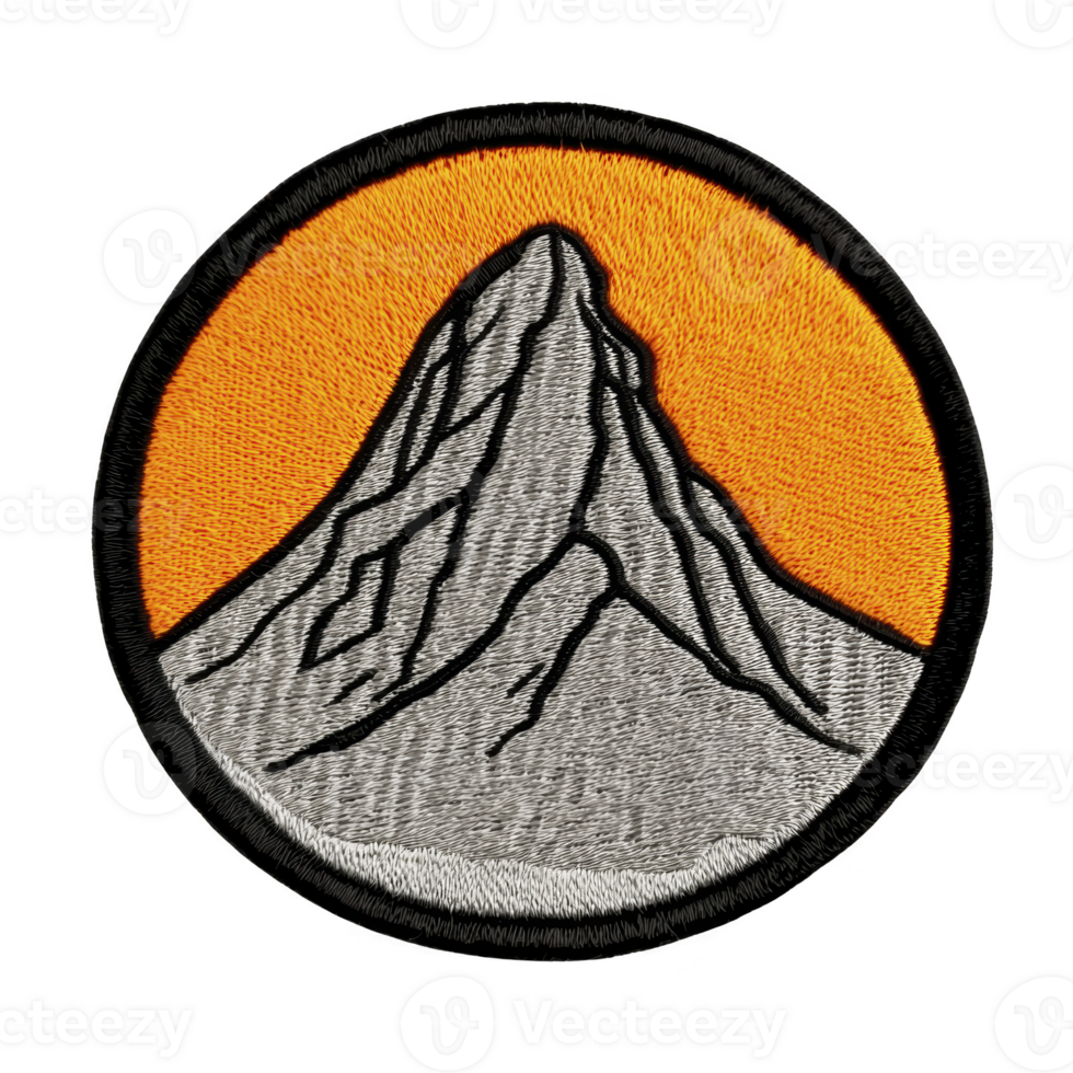 A circular embroidered patch features stylized mountain peak against orange background, symbolizing adventure and exploration. design is simple yet striking, ideal for outdoor enthusiasts png