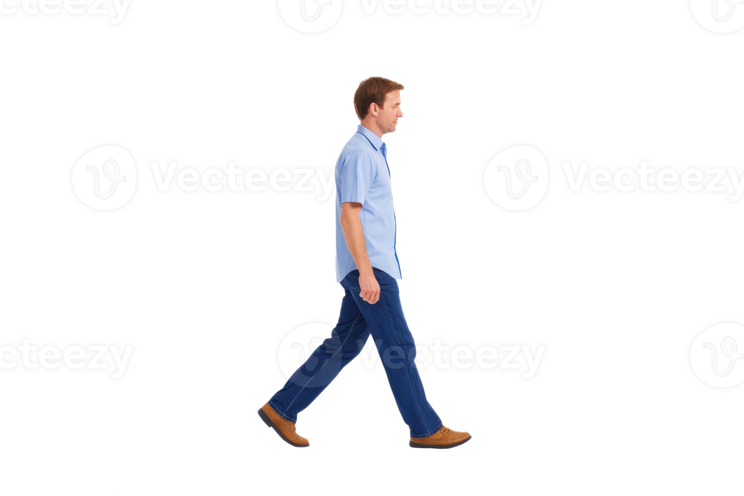 A man in blue shirt and dark pants walks confidently, isolated on transparency background. His casual attire and focused expression suggest purposeful stride png