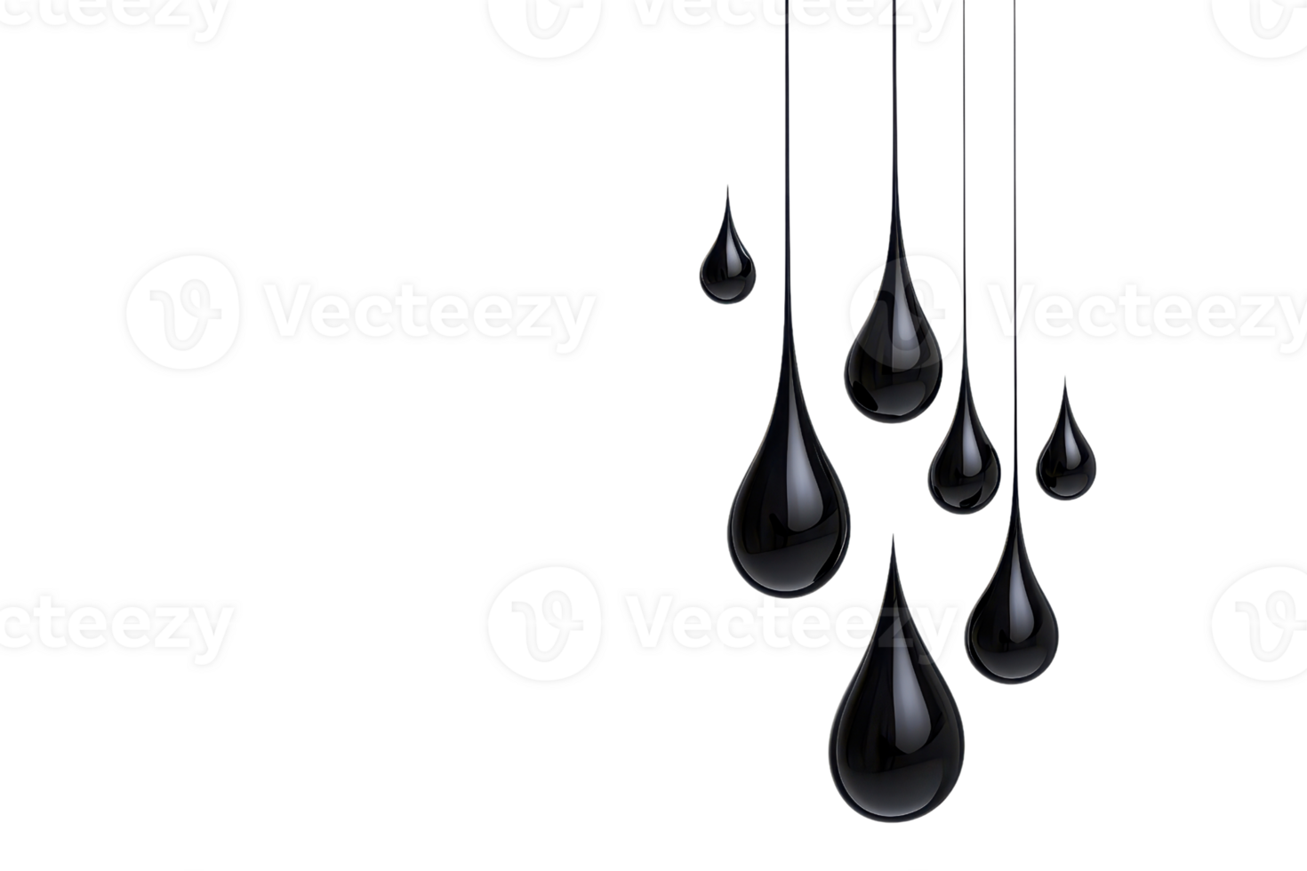 A Black oil droplets of varying sizes are suspended against transparency background, creating striking contrast. droplets appear glossy and reflective, suggesting liquid texture png