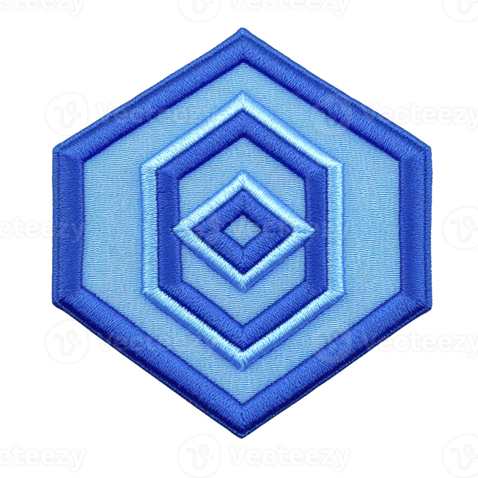 A blue embroidered patch features geometric hexagonal design with concentric shapes, creating layered effect. pattern is symmetrical and visually striking, showcasing intricate stitching png