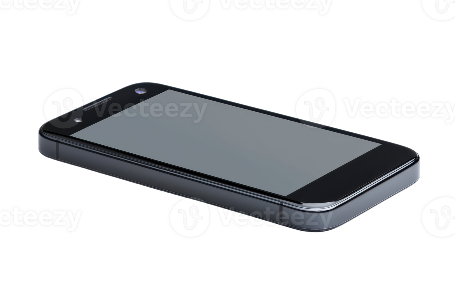 A sleek black smartphone with reflective screen lies on transparency background, showcasing its modern design and compact form png