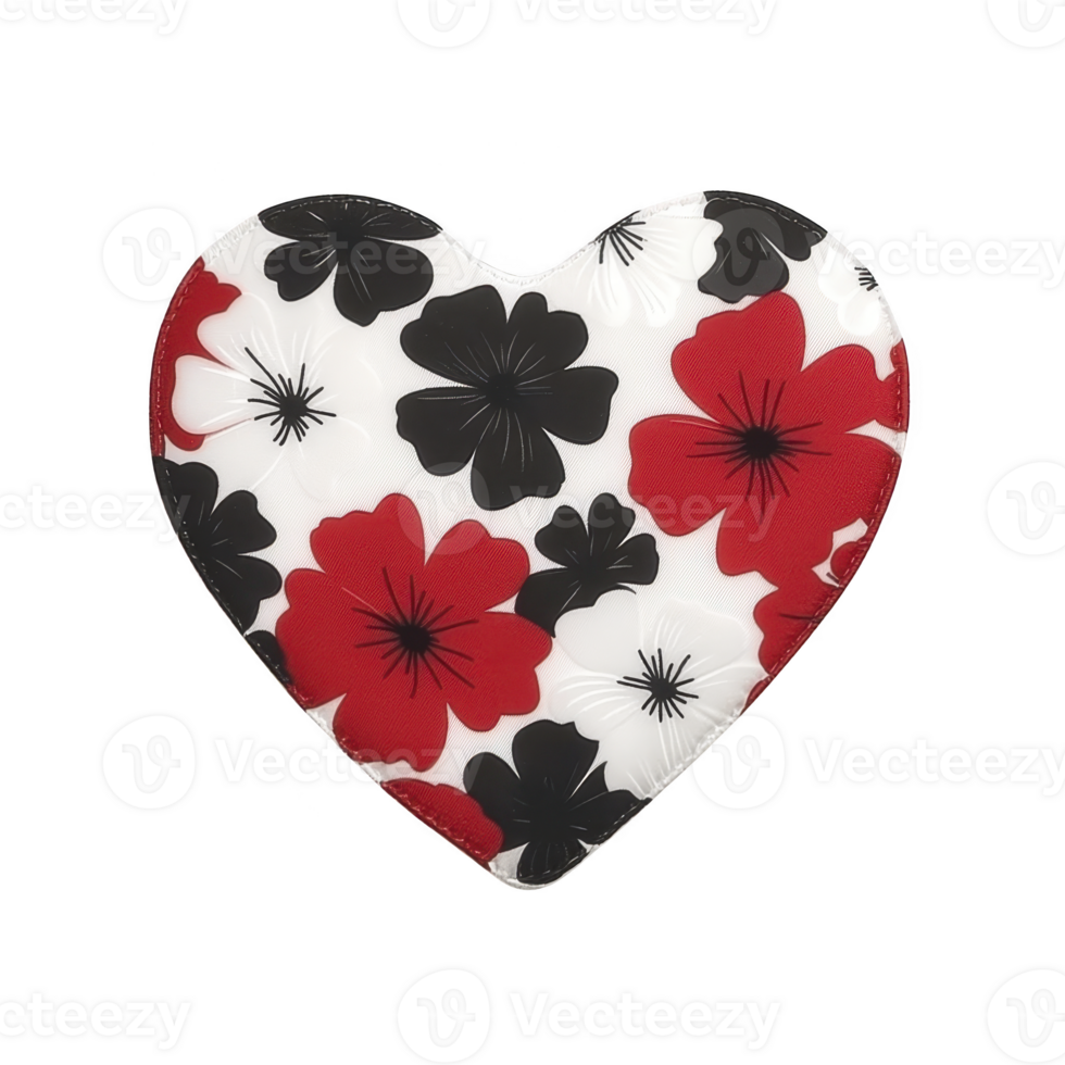 A heart shaped object with floral pattern featuring red, black, and white flowers on transparency background, creating vibrant and decorative design png