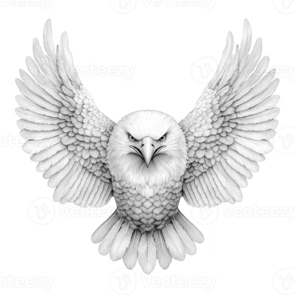 A detailed illustration of majestic eagle with outstretched wings, showcasing intricate feather patterns and fierce expression. monochrome design highlights bird powerful presence png