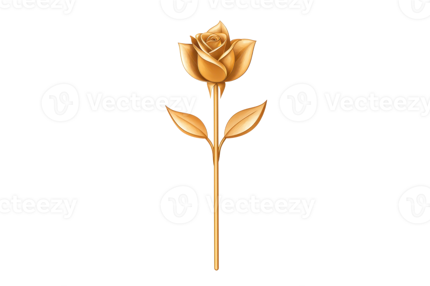 A single golden rose with detailed petals and leaves on transparent background, symbolizing elegance and luxury. metallic sheen adds touch of sophistication, making it ideal for decorative purposes png