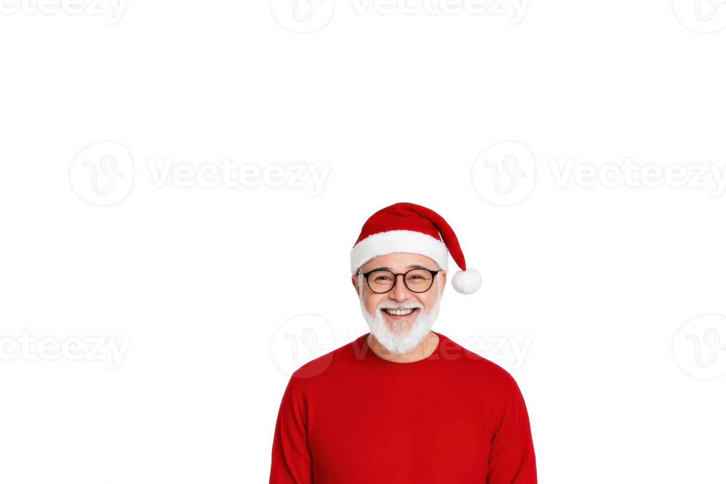 A cheerful elderly man wearing Santa hat and red sweater smiles against transparency background png