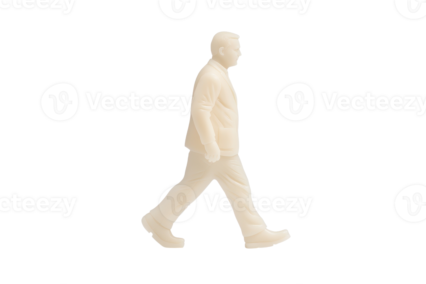 A beige plastic figurine of man in suit walking forward, isolated on transparency background. figure is in side profile, showcasing formal attire with neutral expression png