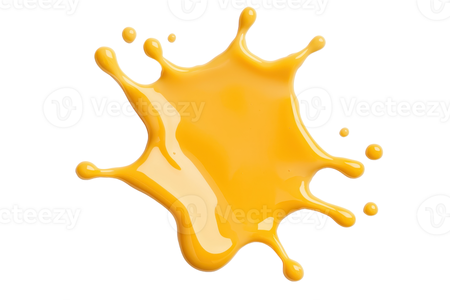 A vibrant yellow paint splash with dynamic droplets isolated on transparency background, showcasing fluid motion and artistic expression png