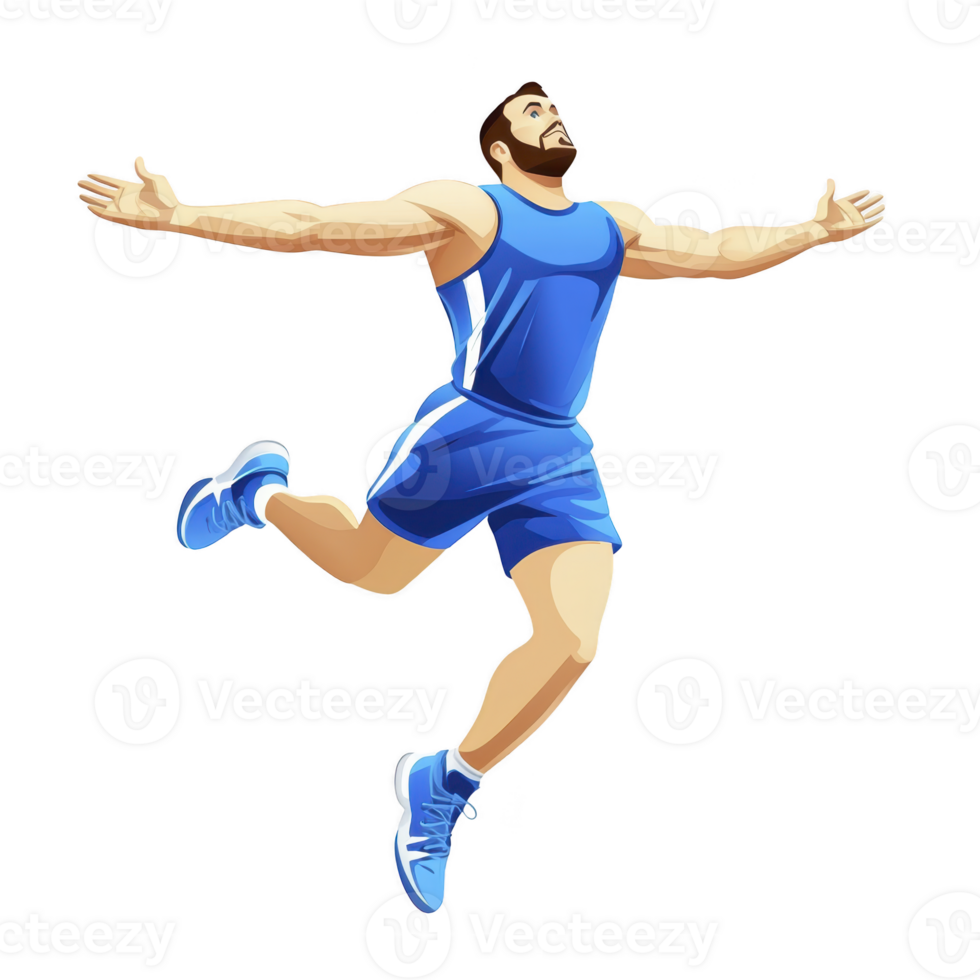 A joyful athlete in blue sports outfit leaps with arms outstretched, embodying freedom and energy. dynamic pose and vibrant colors convey sense of triumph and vitality png