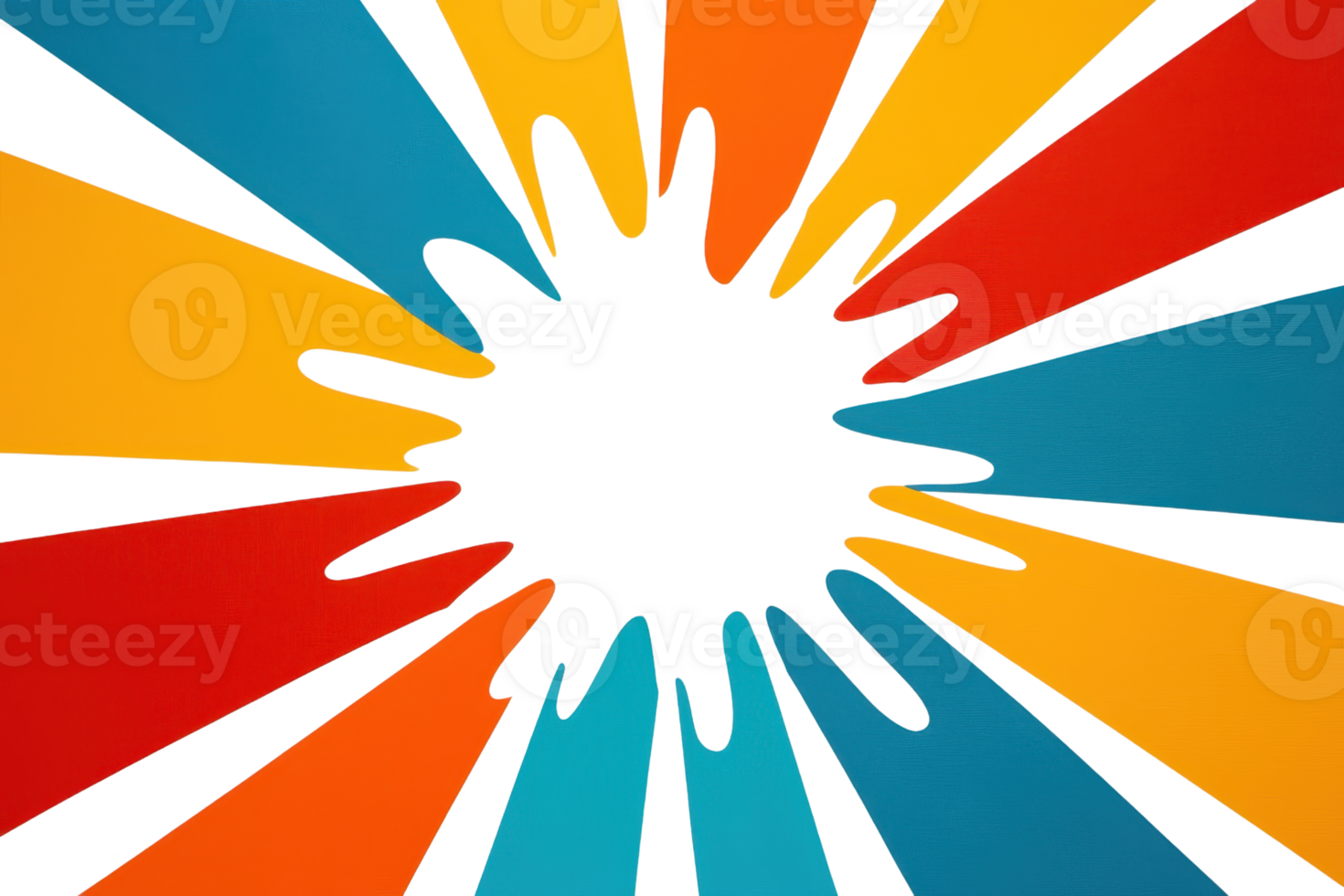 A Colorful hands reaching towards center in radial pattern, symbolizing unity and diversity. vibrant colors include red, orange, yellow, and blue, creating dynamic and inclusive design png