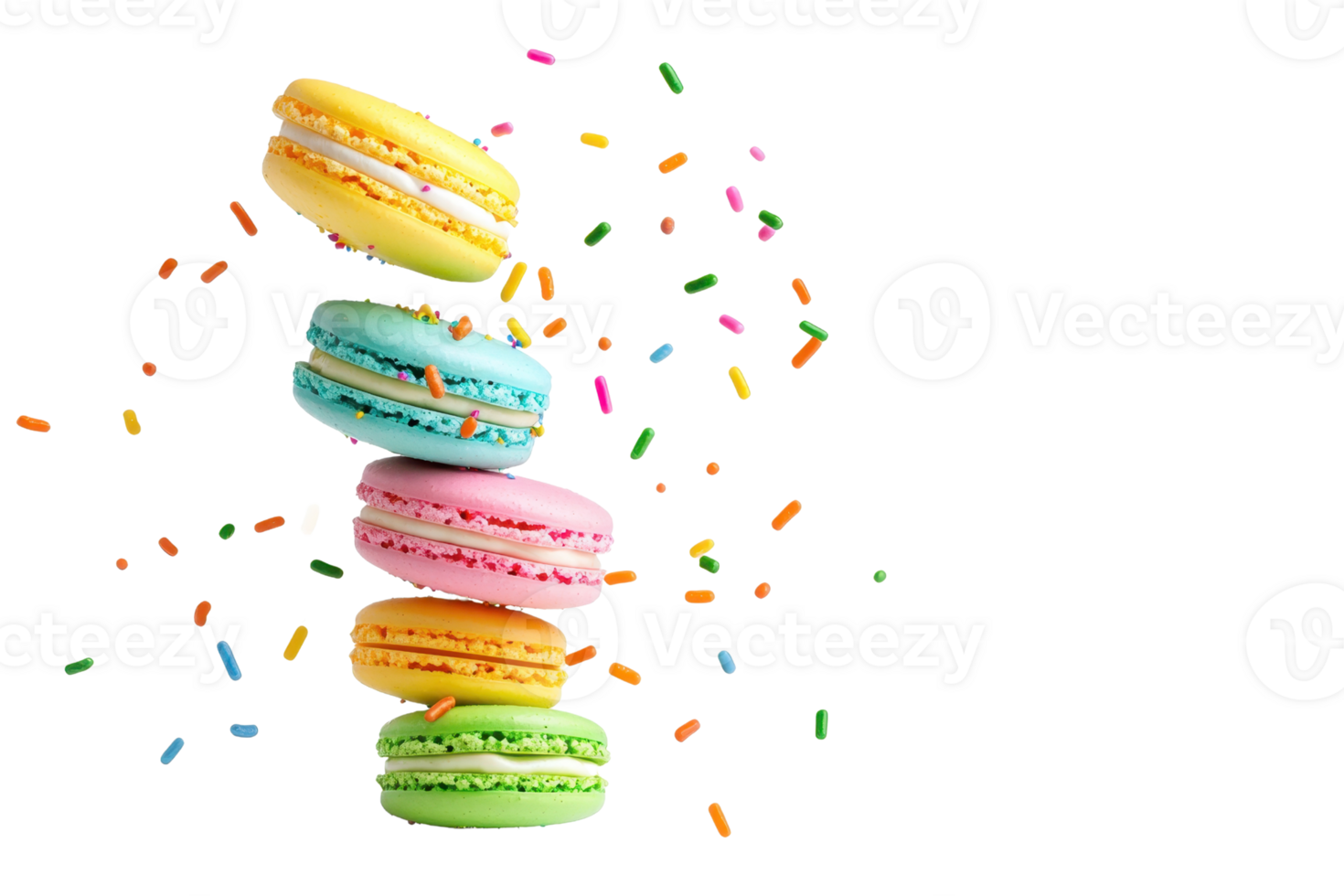 A Colorful macarons stacked with vibrant sprinkles scattered around, creating playful and joyful dessert scene. bright colors and sweet treats evoke sense of fun and celebration png