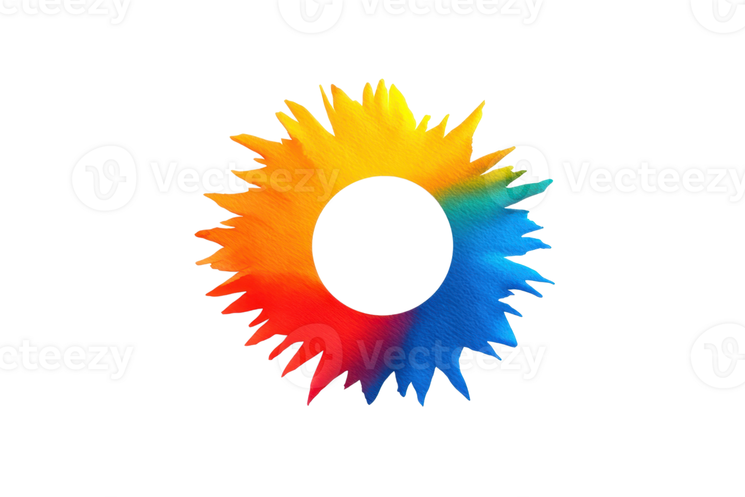 A vibrant, multicolored circular design with spiky, sunburst pattern, featuring gradient of red, orange, yellow, green, and blue hues, creating dynamic and energetic visual effect png