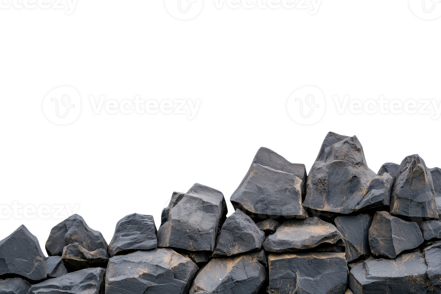 A row of dark, jagged rocks is arranged against transparent background, showcasing their rough texture and natural formation. rocks vary in size and shape, creating uneven and rugged appearance png