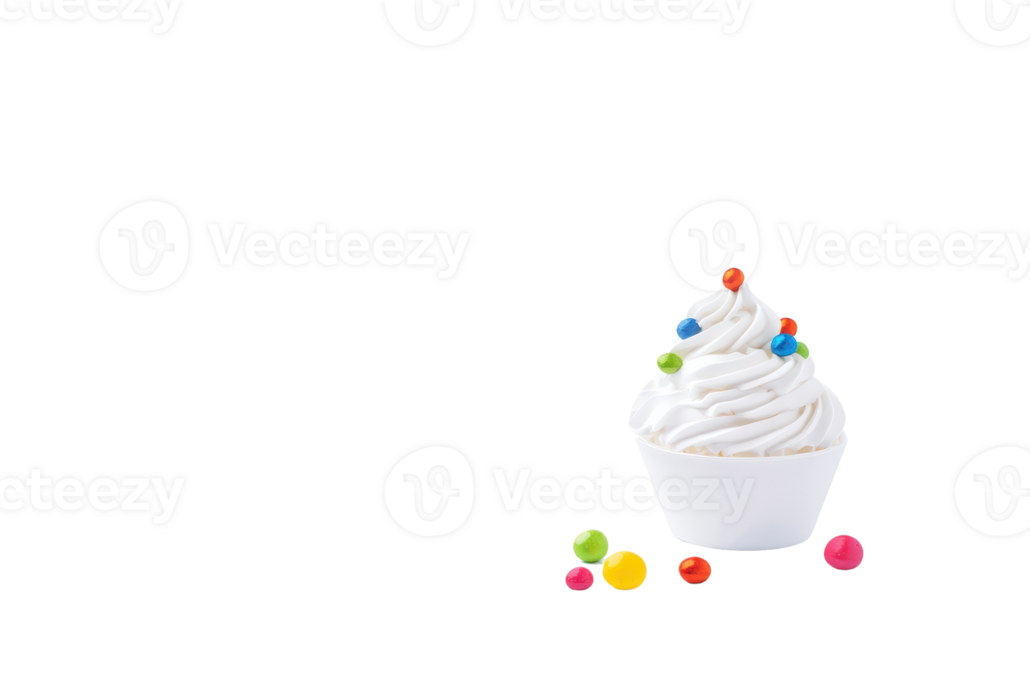 A swirl of creamy frozen yogurt topped with colorful candy in white cup, surrounded by scattered candies, creates delightful and playful dessert scene png