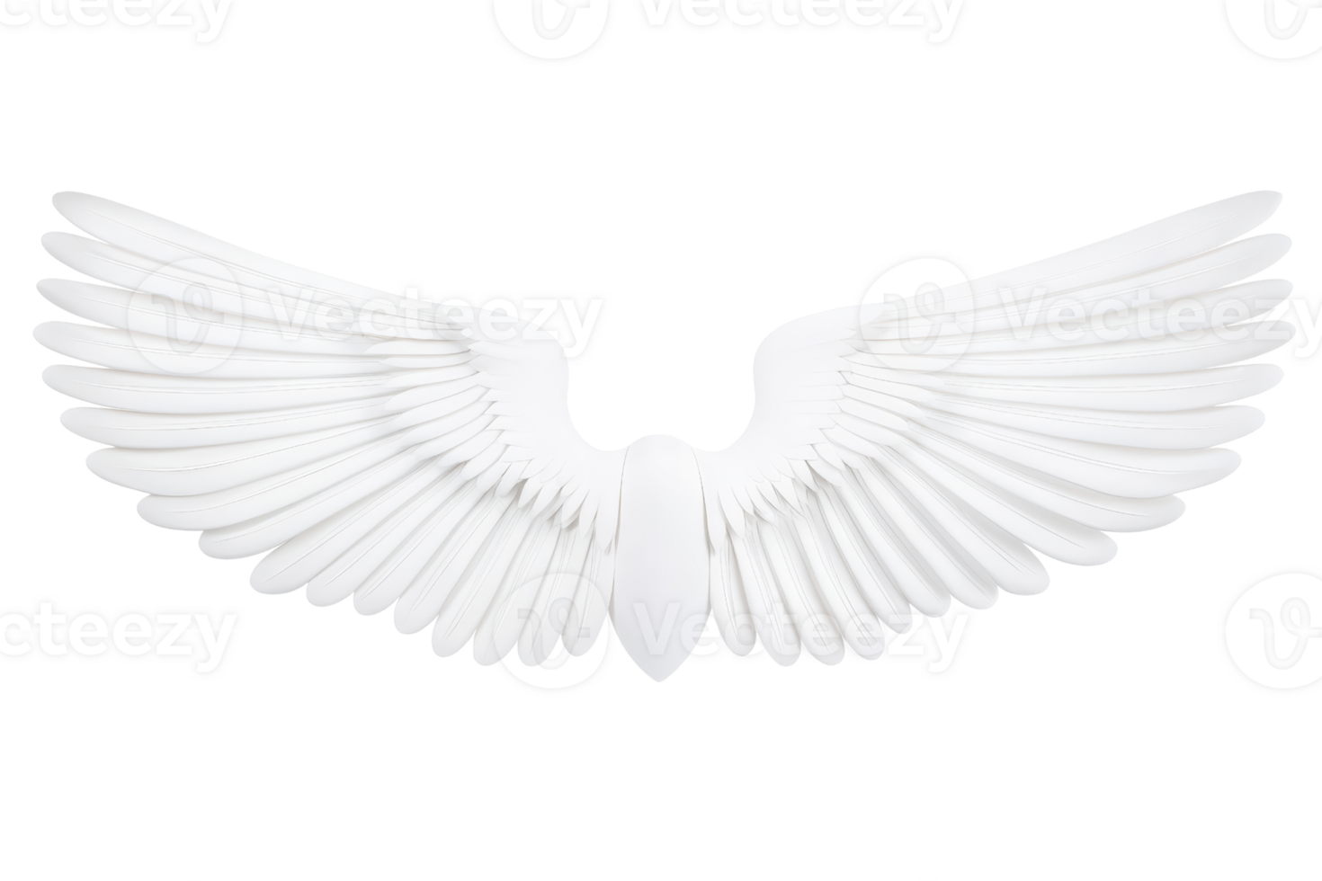 A White angel wings with detailed feathers spread symmetrically, symbolizing purity and freedom. wings are isolated on transparency background, creating serene and ethereal effect png