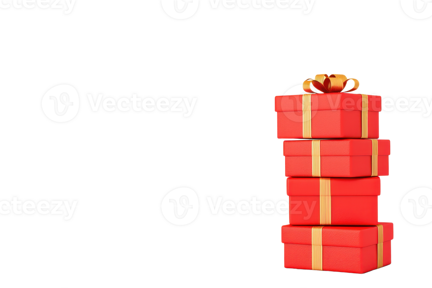 A stack of four vibrant red gift boxes with golden ribbons and bows, symbolizing celebration and joy, isolated on transparency background png