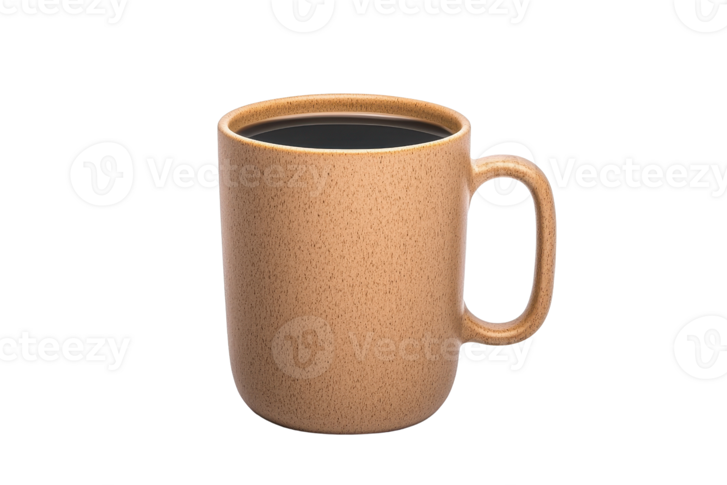 A brown ceramic mug filled with black coffee, showcasing simple and elegant design, perfect for enjoying warm beverage. mug texture adds rustic charm to overall appearance png