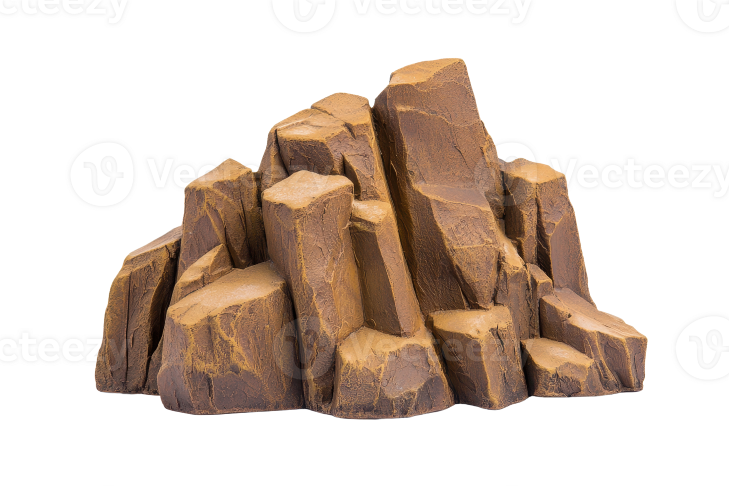 A collection of brown, jagged rocks stacked together, resembling small mountain or rocky terrain, isolated on transparency background. texture and color suggest natural, earthy appearance png