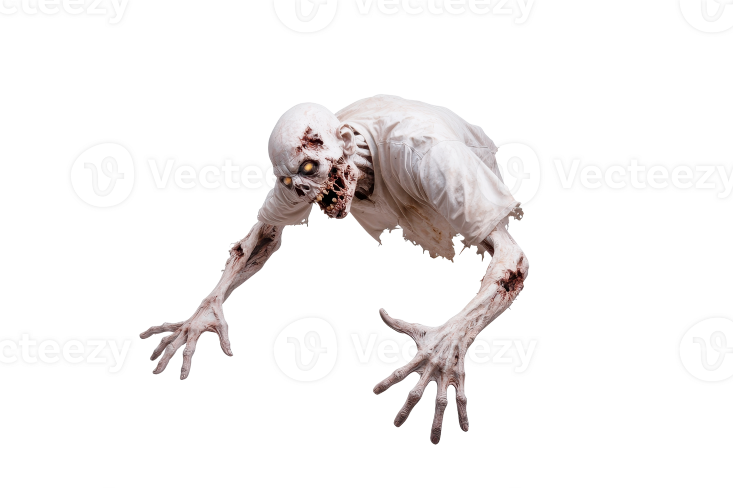 A terrifying zombie with decaying skin and tattered clothes crawls forward, its eyes glowing ominously. creature long, bony fingers reach out menacingly, creating chilling scene png
