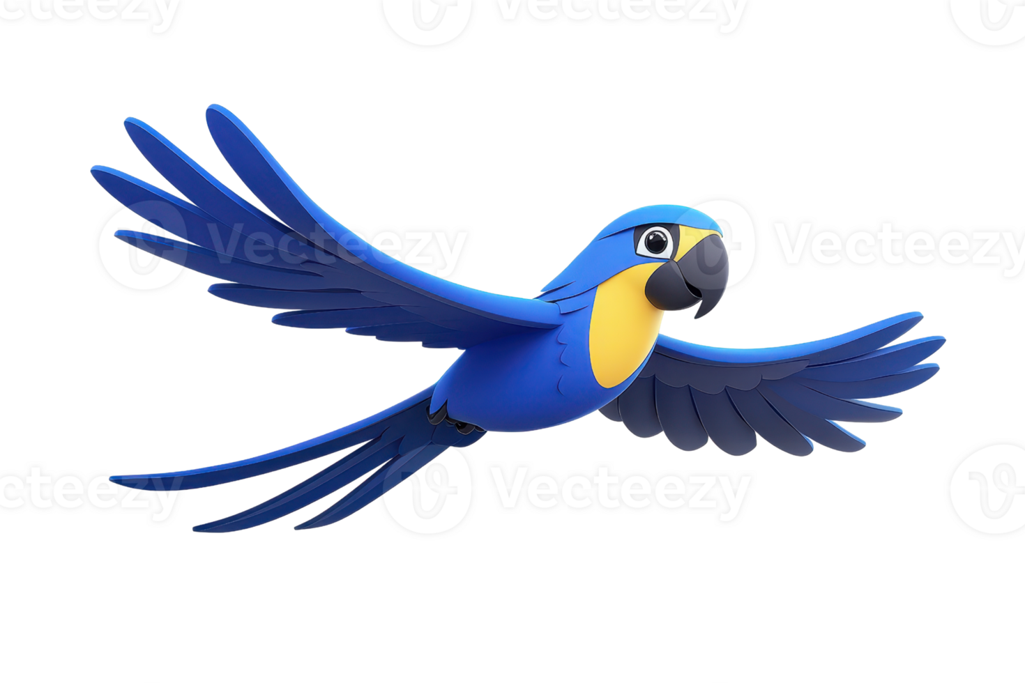 A vibrant blue parrot with yellow accents is depicted in mid flight, showcasing its wide wingspan and dynamic pose against transparency background png