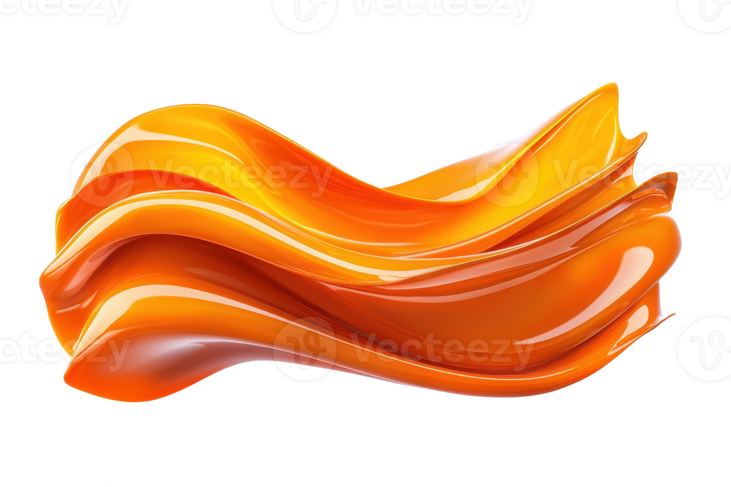 A vibrant, flowing abstract shape in shades of orange and yellow, resembling liquid or molten material, with glossy finish and dynamic curves png