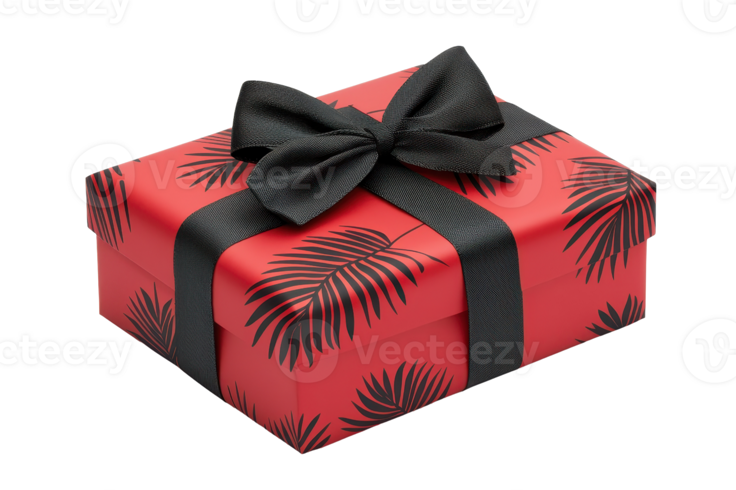 A red gift box with black leaf patterns and black ribbon bow, perfect for special occasions png