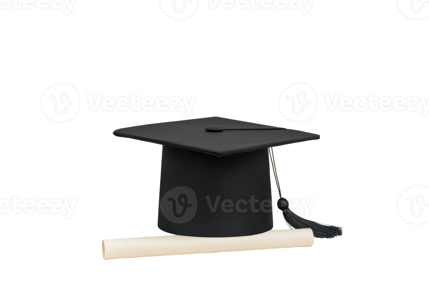 A black graduation cap with tassel is placed next to rolled diploma, symbolizing academic achievement and success. image conveys sense of accomplishment and celebration png