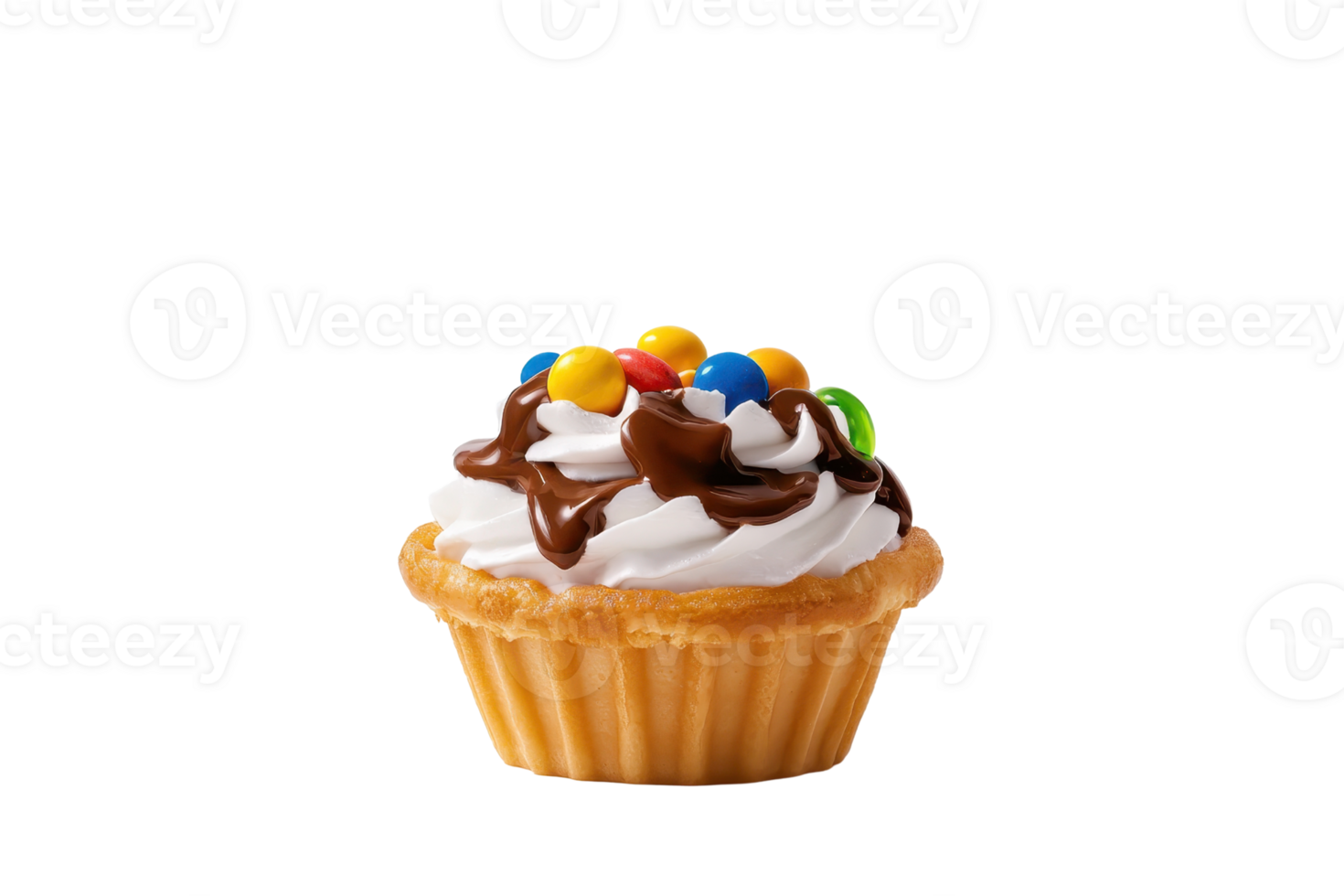 A delicious cupcake topped with colorful candy and chocolate drizzle on transparency background png