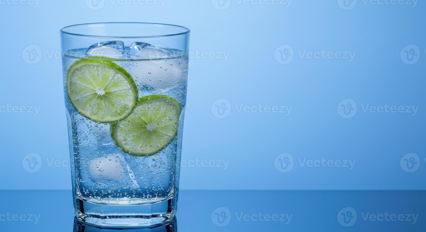 Refreshing gin and tonic with ice cubes and lime slices in a glass on a blue background. Perfect for summer drinks and cocktail concepts. photo