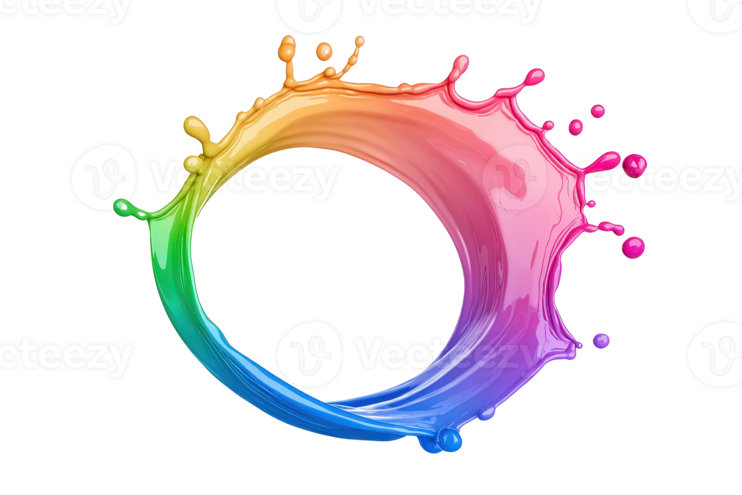 A vibrant splash of multicolored paint forms dynamic circular shape, showcasing spectrum of colors from green to pink. fluid motion and vivid hues create energetic and artistic visual png