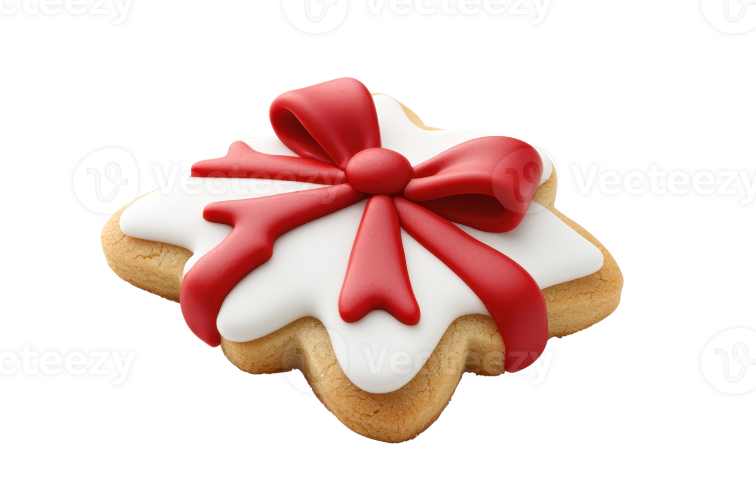 A festive star shaped cookie decorated with white icing and red bow, perfect for holiday celebrations and adding touch of sweetness to any festive occasion png