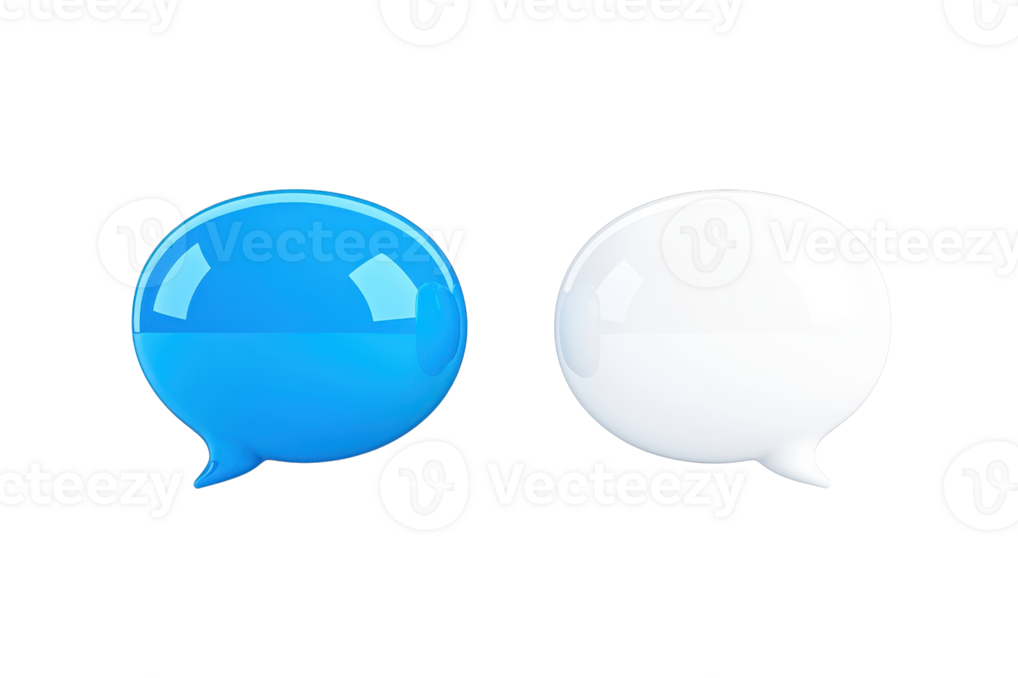 A Two glossy speech bubbles, one blue and one white, are depicted side by side, symbolizing communication and dialogue. shiny surface reflects light, adding modern and digital feel png