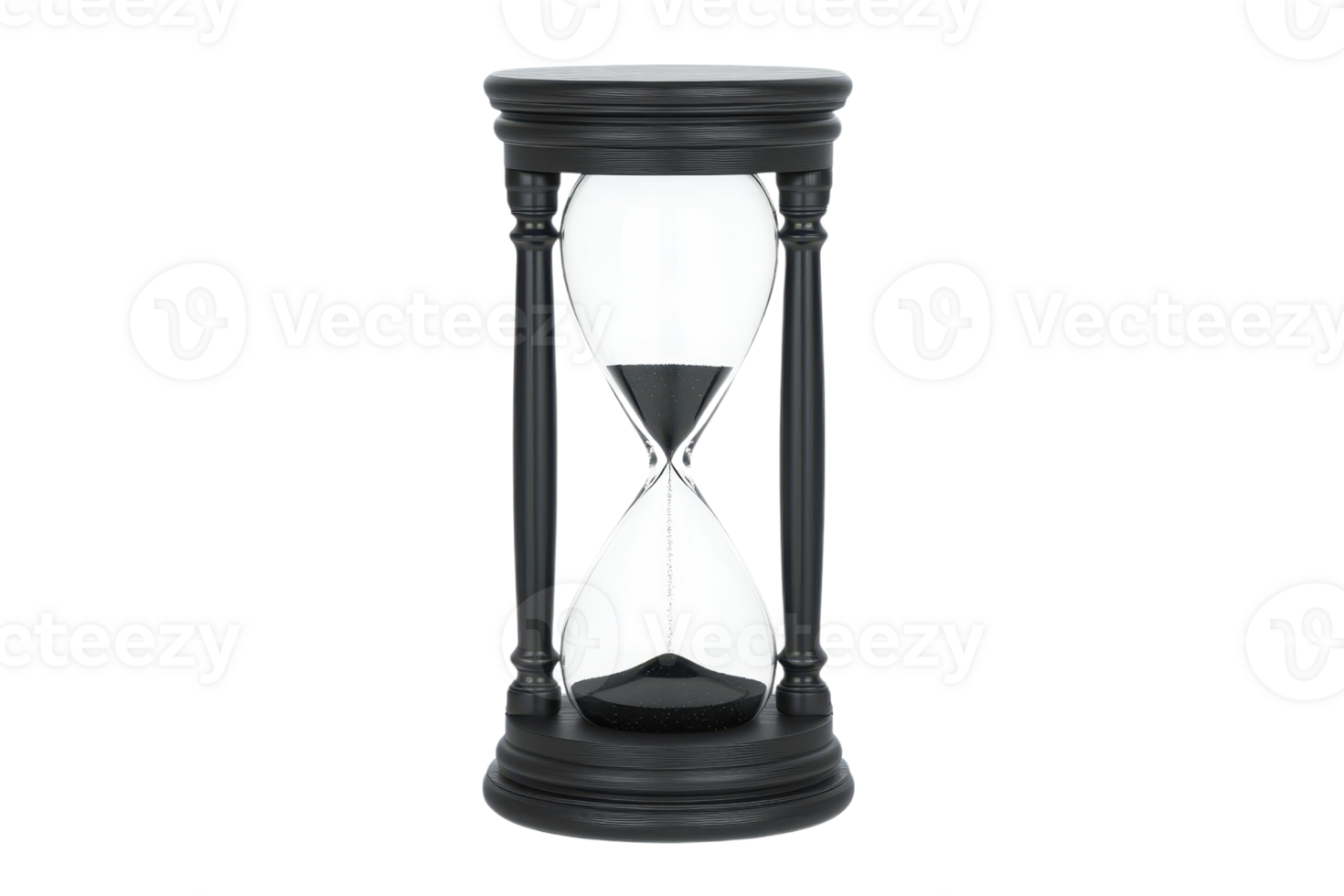 A classic black hourglass with sand flowing through its center, symbolizing passage of time and patience. elegant design features wooden frame and clear glass png
