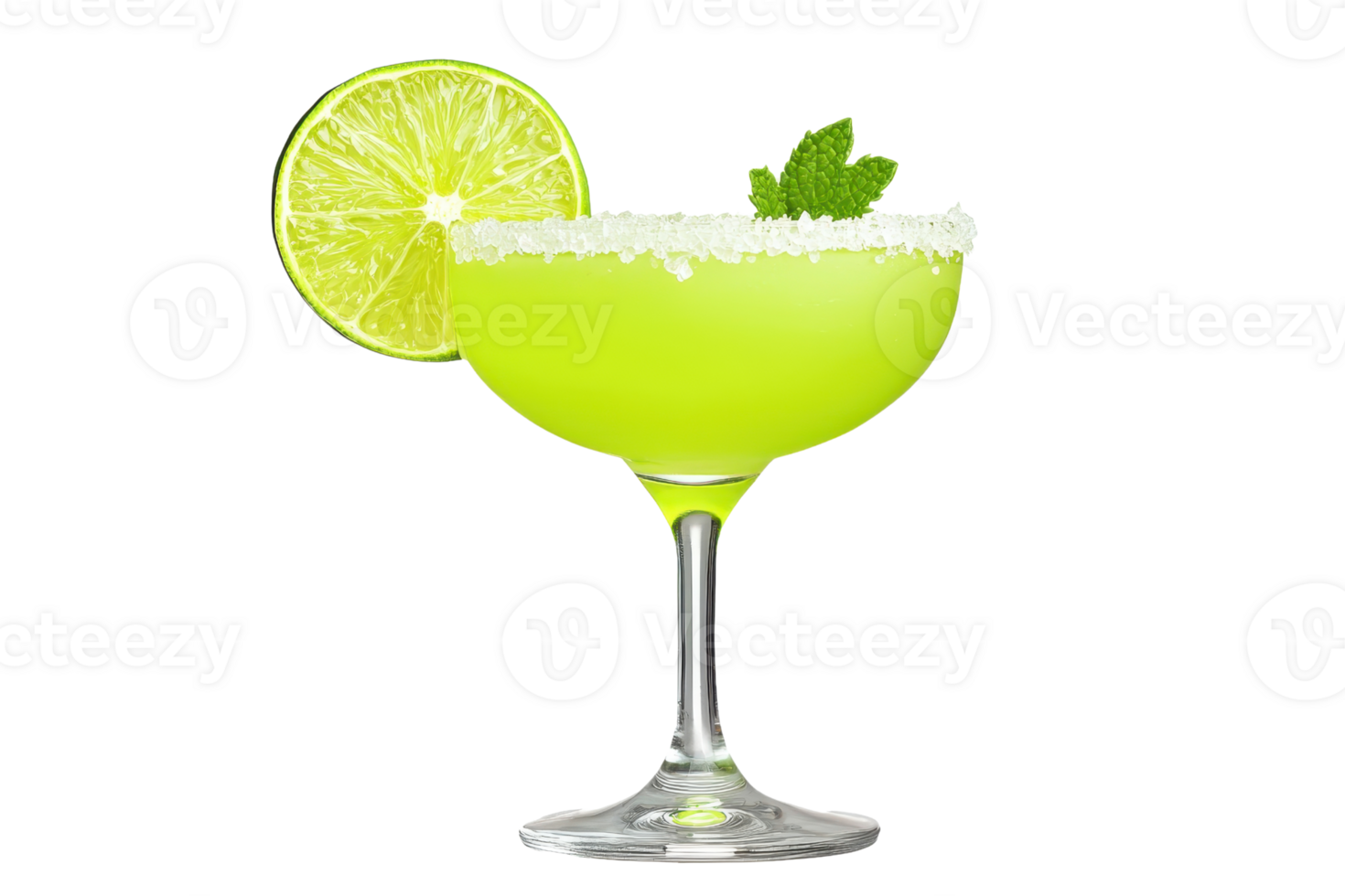 A vibrant green cocktail in glass with salted rim, garnished with lime slice and mint, evokes refreshing and tropical vibe png