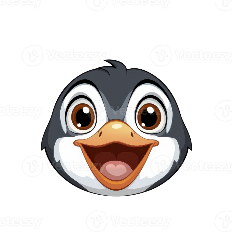 A This features cute, cartoon penguin face with large, expressive eyes and open beak, conveying joyful expression. penguin head is round with black and white color scheme.cute cartoon penguin face png