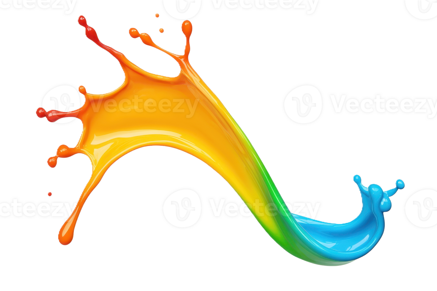 A vibrant splash of multicolored paint arcs dynamically through air, showcasing spectrum from red to blue. fluid motion and vivid colors create sense of energy and creativity png